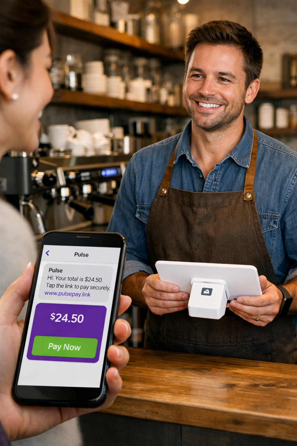 Paying by text-to-pay at a coffee shop — a $24.50 mobile checkout